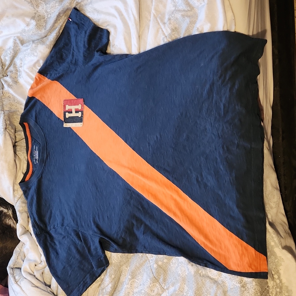 Tommy Hilfiger Navy Blue & Orange H Logo Patch Stripe Crewneck T-Shirt